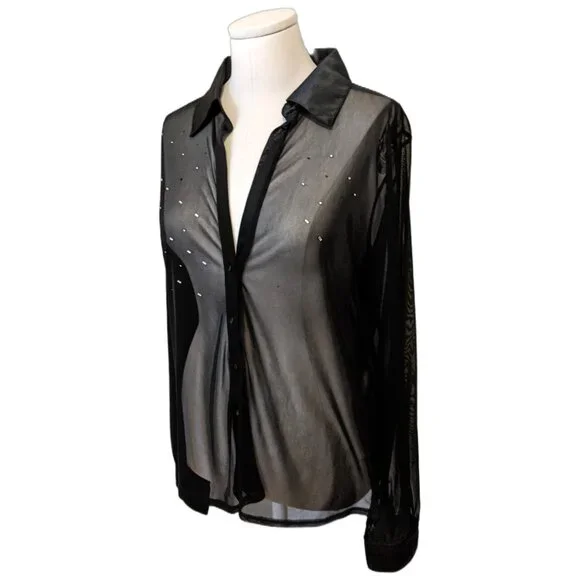 The Limited Black Mesh Beaded Blouse Sheer Button Up Gothic Whimsygoth XL - Picture 2 of 12